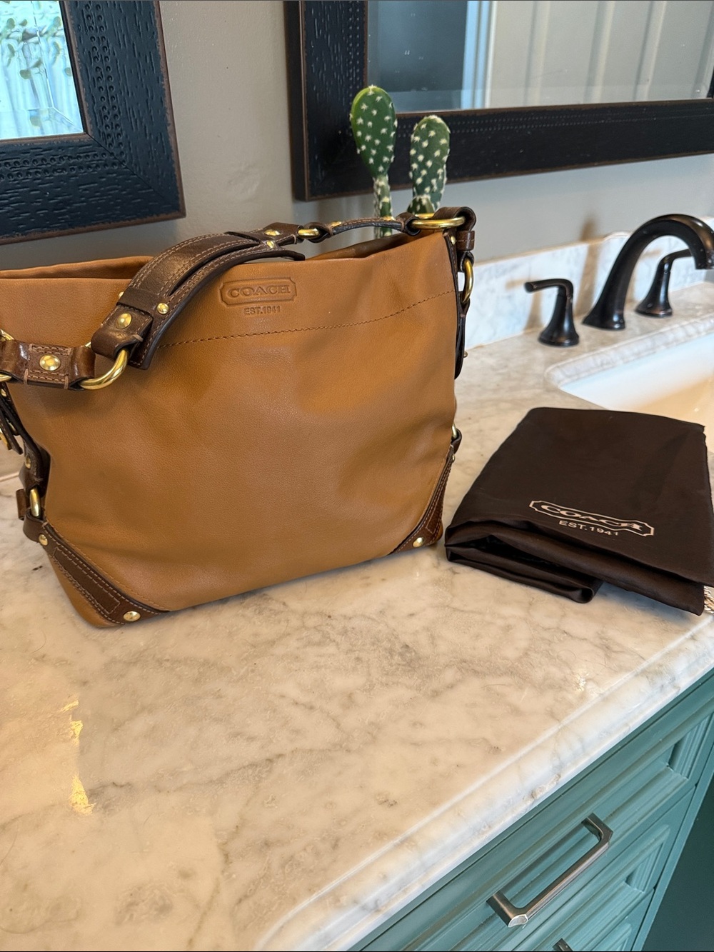 (Carly) Coach Tan and Dark Brown Leather Shoulder Bag with Gold Hardware